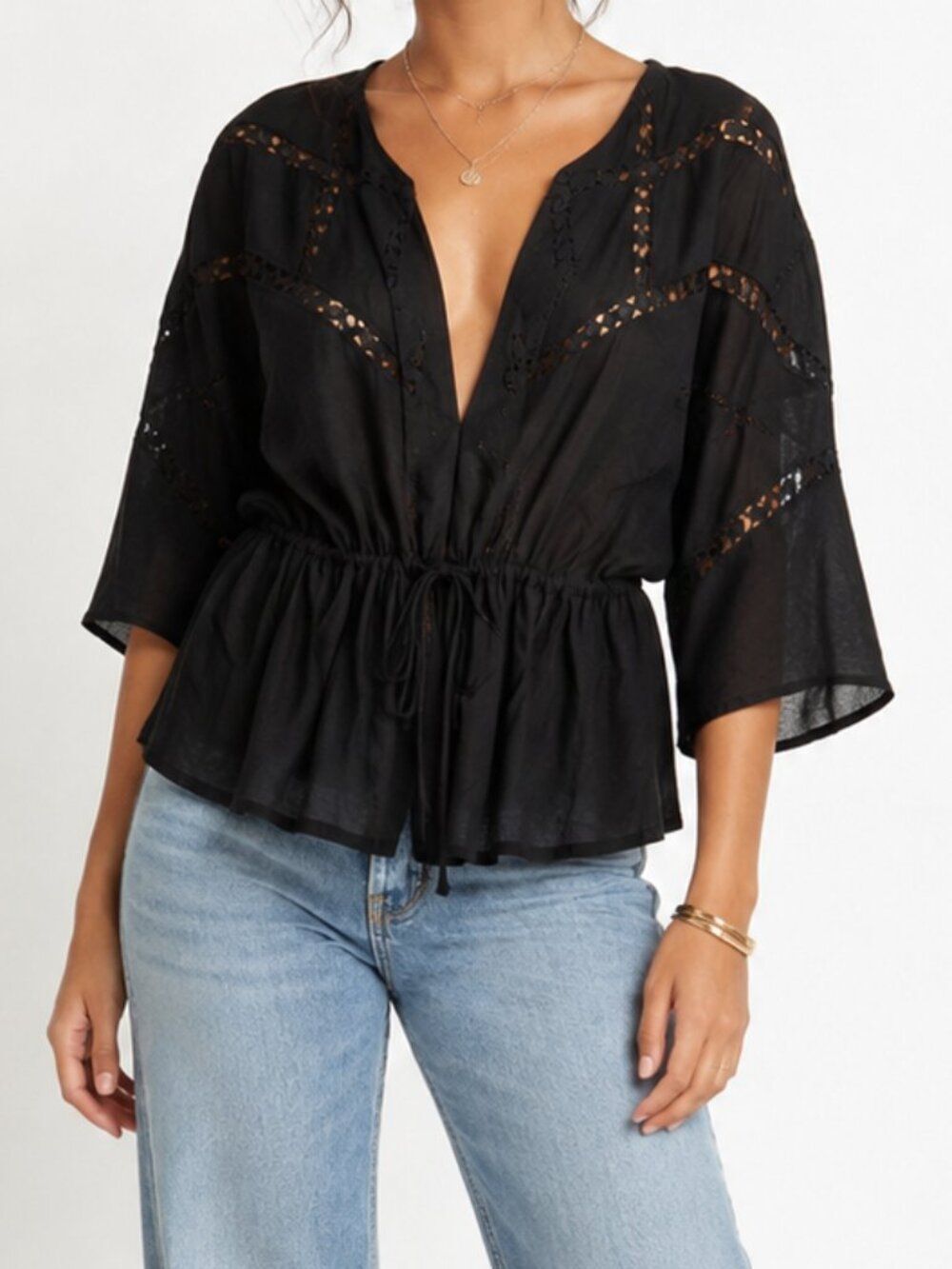ASOS Black Sheer Boho Eyelet Lace Trim Drawstring Waist Peplum Blouse Size 16